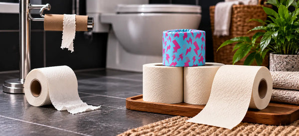 Torn white toilet paper and lint beside cream Skid Slayer rolls and a cyan-pink wrapped roll on a wooden bathroom tray.
