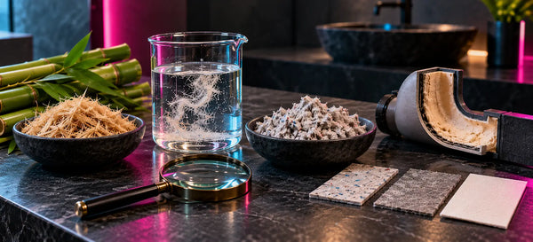 Bamboo fibres, recycled pulp, water-dissolution testing, material samples, and a plumbing cutaway arranged to represent surprising toilet paper facts.