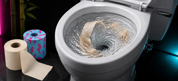 Cream bamboo toilet paper and a cyan-pink wrapped roll beside a flushing toilet with tissue swirling in the water.