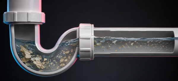 Bamboo toilet paper breaking apart into small fibres and flowing freely through a clear drain pipe without causing a blockage.