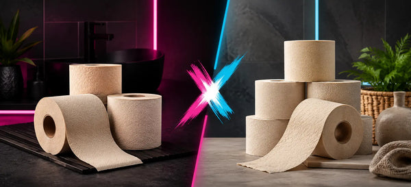 Side-by-side comparison of unbleached bamboo toilet paper rolls in two contrasting bathroom setups, representing a Skid Slayer versus PlantPaper head-to-head.