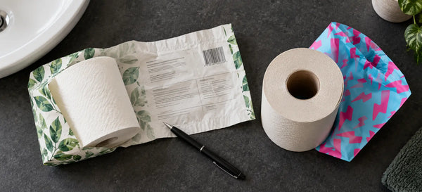 Open toilet paper wrapper showing its information panel beside a pen, white roll and cream Skid Slayer roll with cyan-pink packaging.
