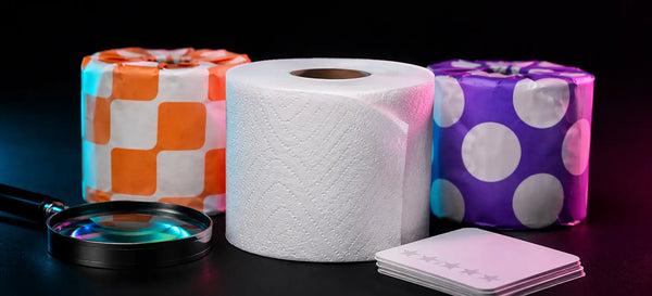 White toilet paper roll displayed with colorful wrapped rolls, a magnifying glass, and review cards on a dark studio background.