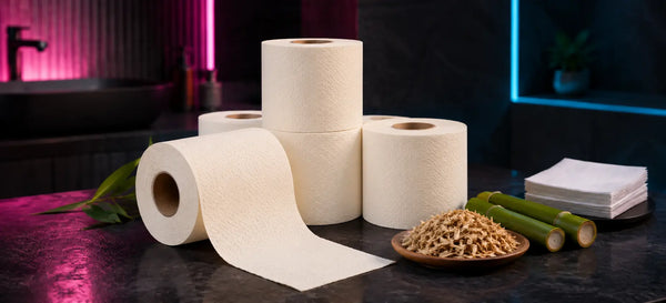 Cream-colored bamboo toilet paper rolls beside bamboo stalks, raw plant fibres and white tissue in a pink-and-cyan-lit bathroom.