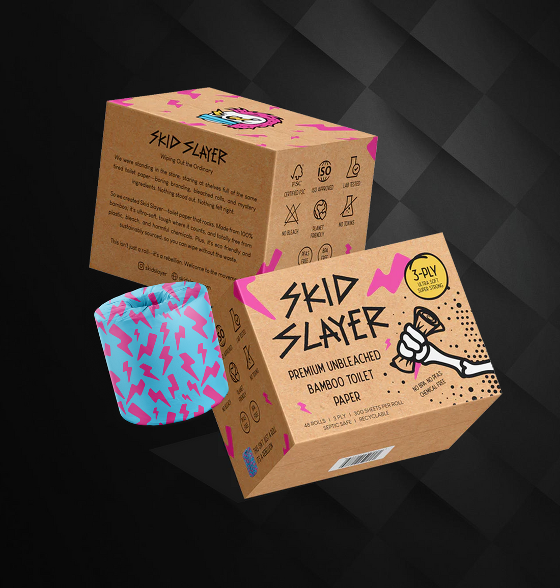 Skid Slayer bamboo toilet paper pack with soft 3-ply rolls