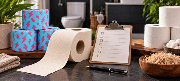 Cream bamboo toilet paper and cyan-pink wrapped rolls beside a checklist clipboard, pen, white rolls and bamboo fibre samples on a bathroom counter.