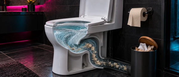 Realistic unbleached toilet paper beside a flushing toilet cutaway showing tissue breaking apart and moving through the drain system.