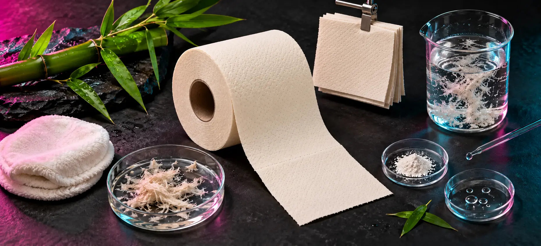 Cream bamboo toilet paper roll and tissue samples beside bamboo stalks, fibre samples and a glass beaker on a dark surface.