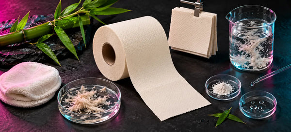 Cream bamboo toilet paper roll and tissue samples beside bamboo stalks, fibre samples and a glass beaker on a dark surface.