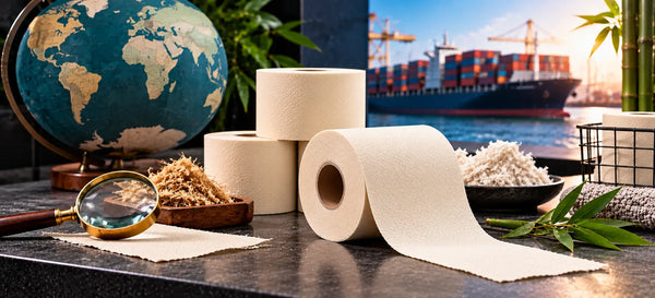Cream bamboo toilet paper rolls beside a globe, bamboo fibres and a magnifying glass, with a cargo ship in the background.