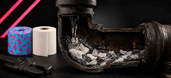 Cream bamboo toilet paper and a cyan-pink wrapped roll beside a cutaway cast-iron pipe containing flowing water and tissue fragments.
