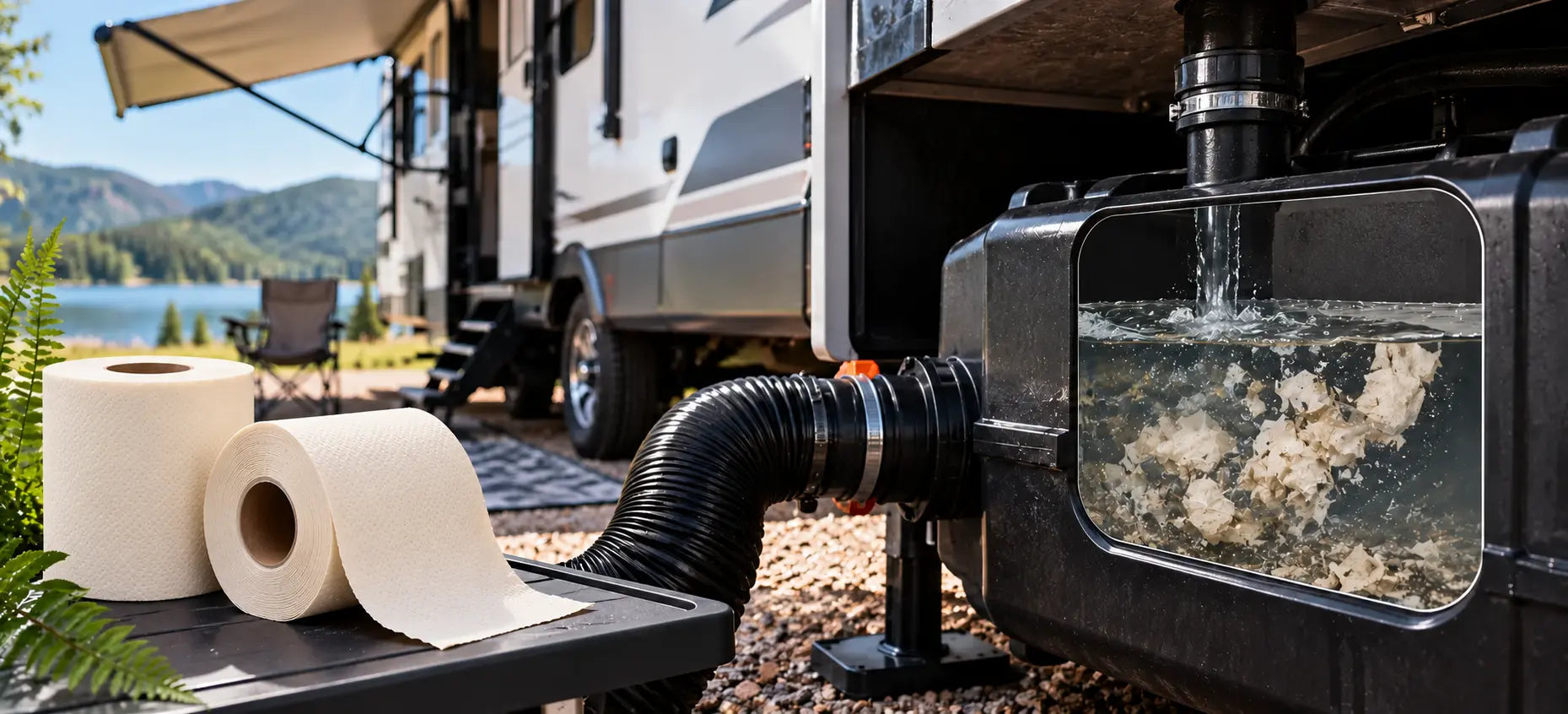 Two cream bamboo toilet paper rolls beside an RV sewer hose and a cutaway black tank showing water and tissue fragments at a lakeside campsite.