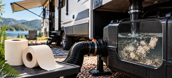 Two cream bamboo toilet paper rolls beside an RV sewer hose and a cutaway black tank showing water and tissue fragments at a lakeside campsite.