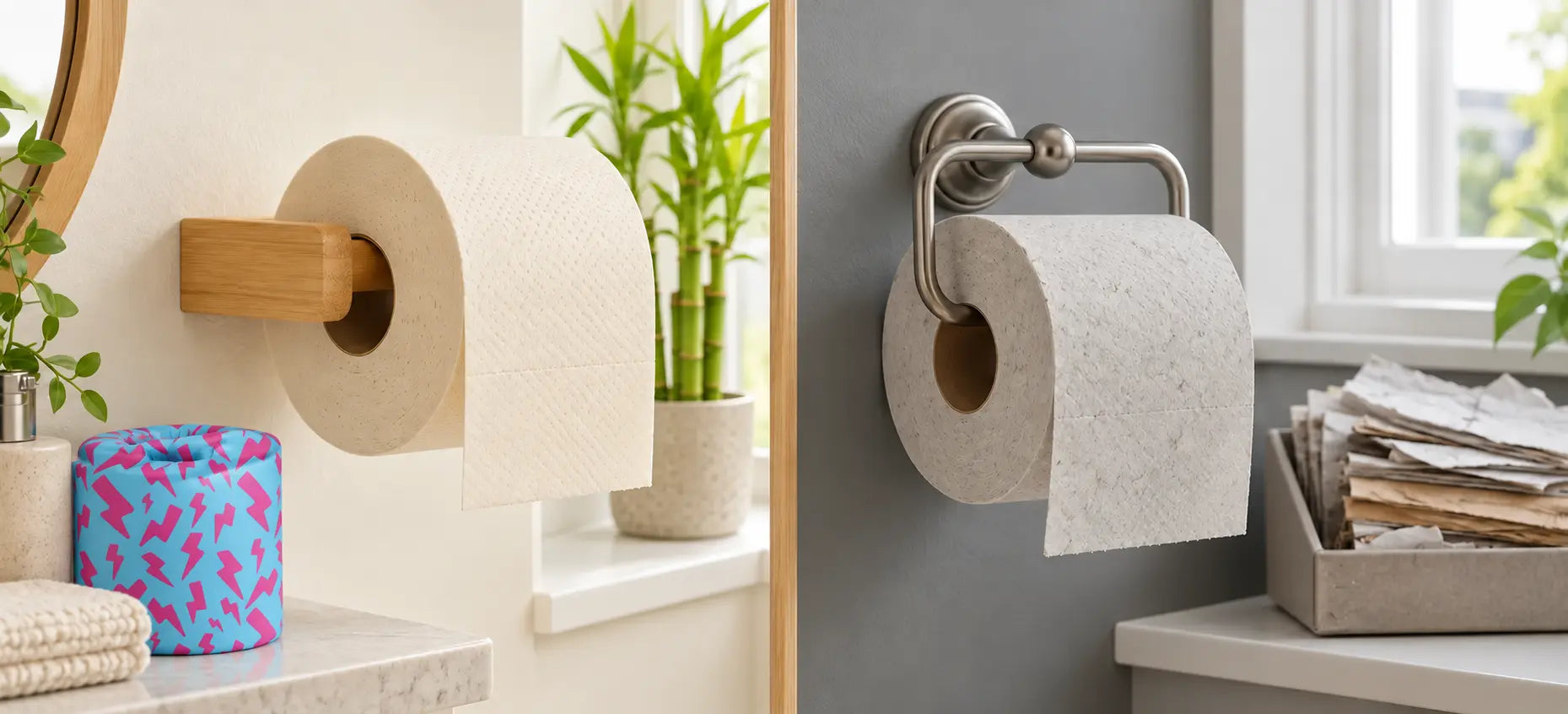 Bamboo and recycled toilet paper rolls side by side, with a cyan and pink wrapped roll on the bathroom counter.