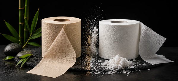 Natural tan bamboo toilet paper compared with conventional white toilet paper, highlighting differences in texture, colour, and fibre composition on a dark studio background.