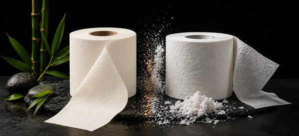 Cream bamboo toilet paper beside a white toilet paper roll, with unrolled sheets, bamboo stalks and pulp samples on a black surface.