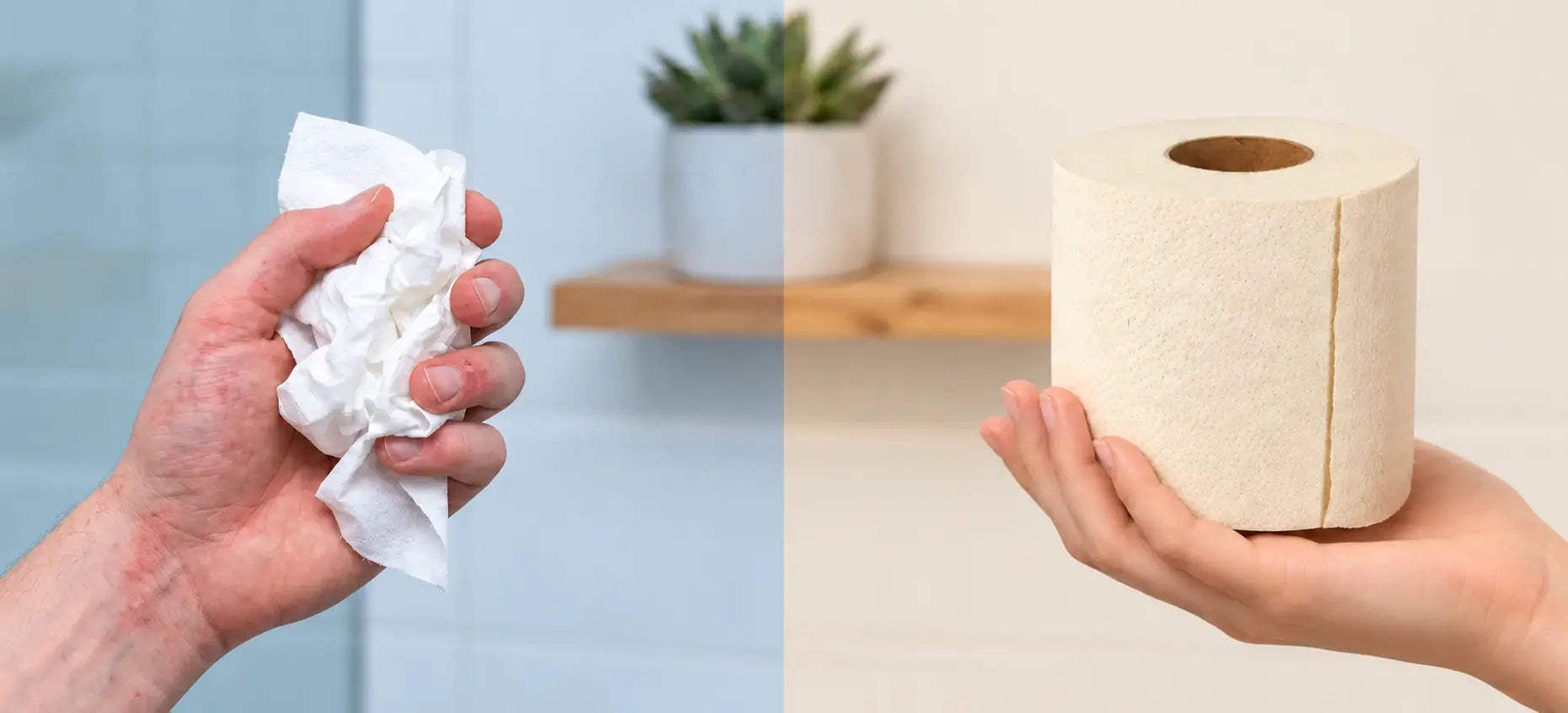 Hand holding crumpled white toilet paper beside another hand supporting a cream unbleached bamboo toilet paper roll.
