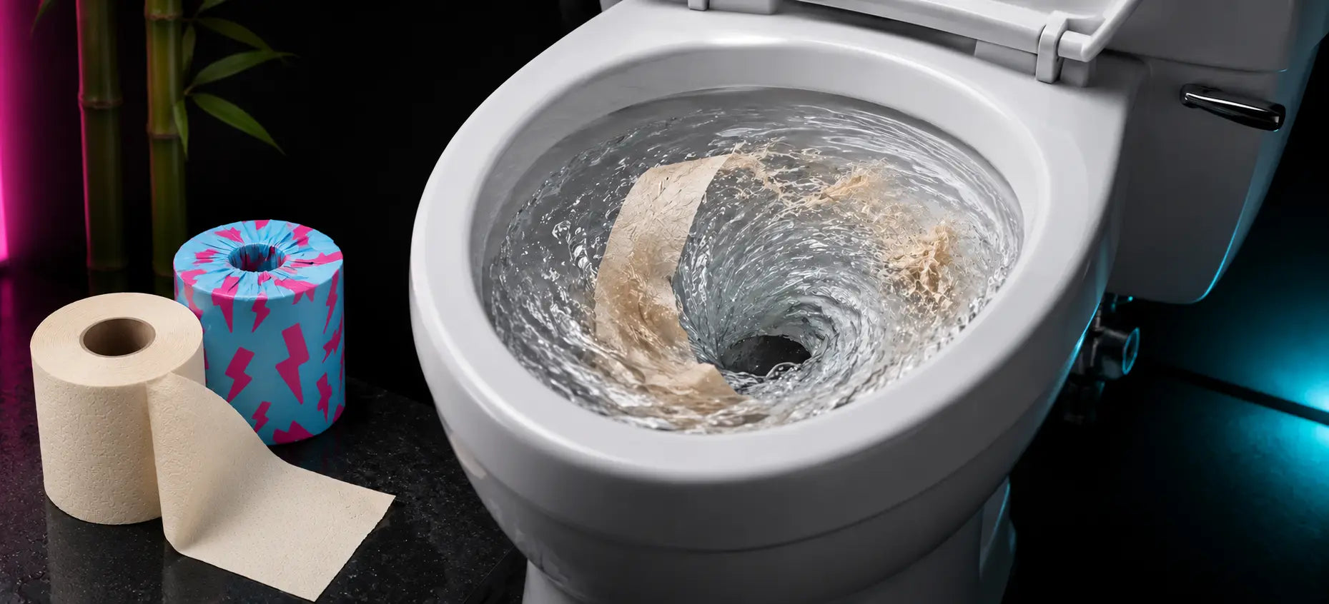 Cream bamboo toilet paper and a cyan-pink wrapped roll beside a flushing toilet with tissue swirling in the water.