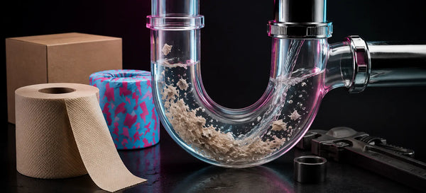 Unbleached bamboo toilet paper beside a clear plumbing trap with water and dissolving paper fibres, shown with plumber tools on a dark studio background.