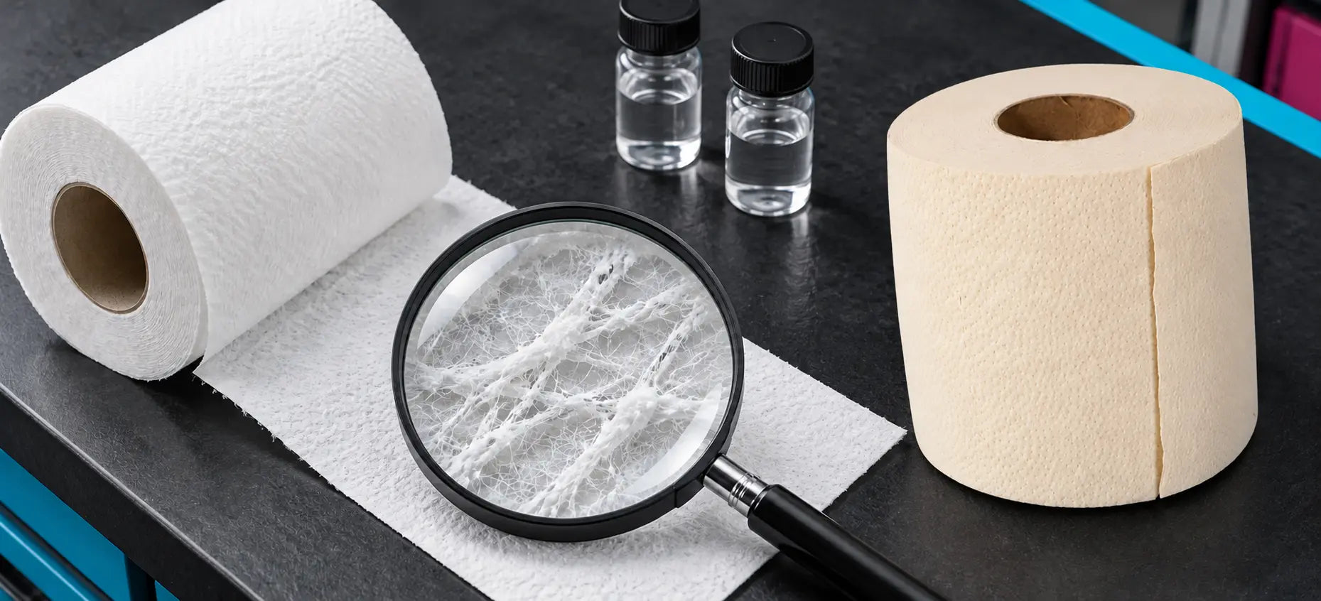 White and cream bamboo toilet paper rolls beside a magnifying glass showing paper fibres and two glass sample vials on a dark counter.