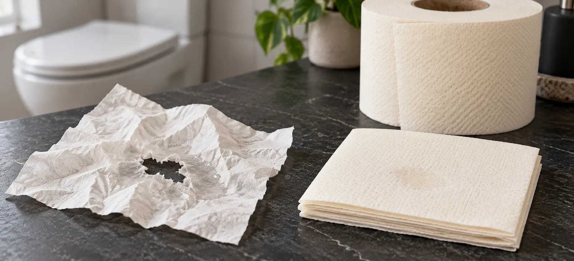 Torn, crumpled white tissue beside neatly folded cream tissue and a bamboo toilet paper roll on a dark bathroom counter.
