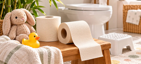 Cream bamboo toilet paper rolls on a wooden bench beside a plush bunny, rubber duck and towel, with a child’s step stool near the toilet.