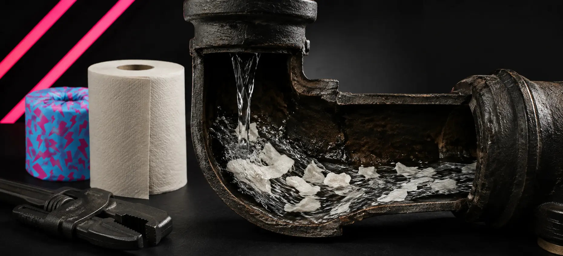 Unbleached bamboo toilet paper beside a cutaway of an old cast-iron pipe with flowing water and dissolving paper fibres, shown with plumbing tools on a dark background