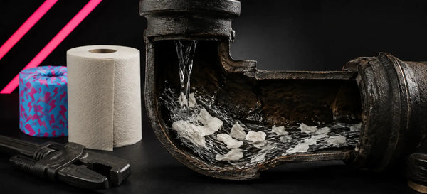 Unbleached bamboo toilet paper beside a cutaway of an old cast-iron pipe with flowing water and dissolving paper fibres, shown with plumbing tools on a dark background