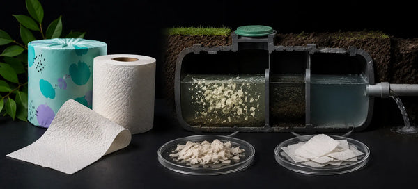 White toilet paper shown beside a cutaway septic tank with water flow and dissolving paper fibres, illustrating septic-safe performance.