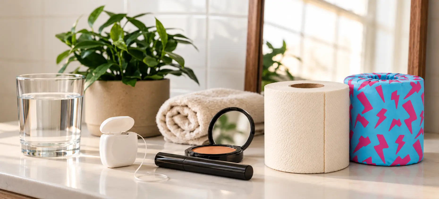 Cream bamboo toilet paper and a cyan-pink wrapped Skid Slayer roll beside dental floss, cosmetics and a towel on a bathroom counter.
