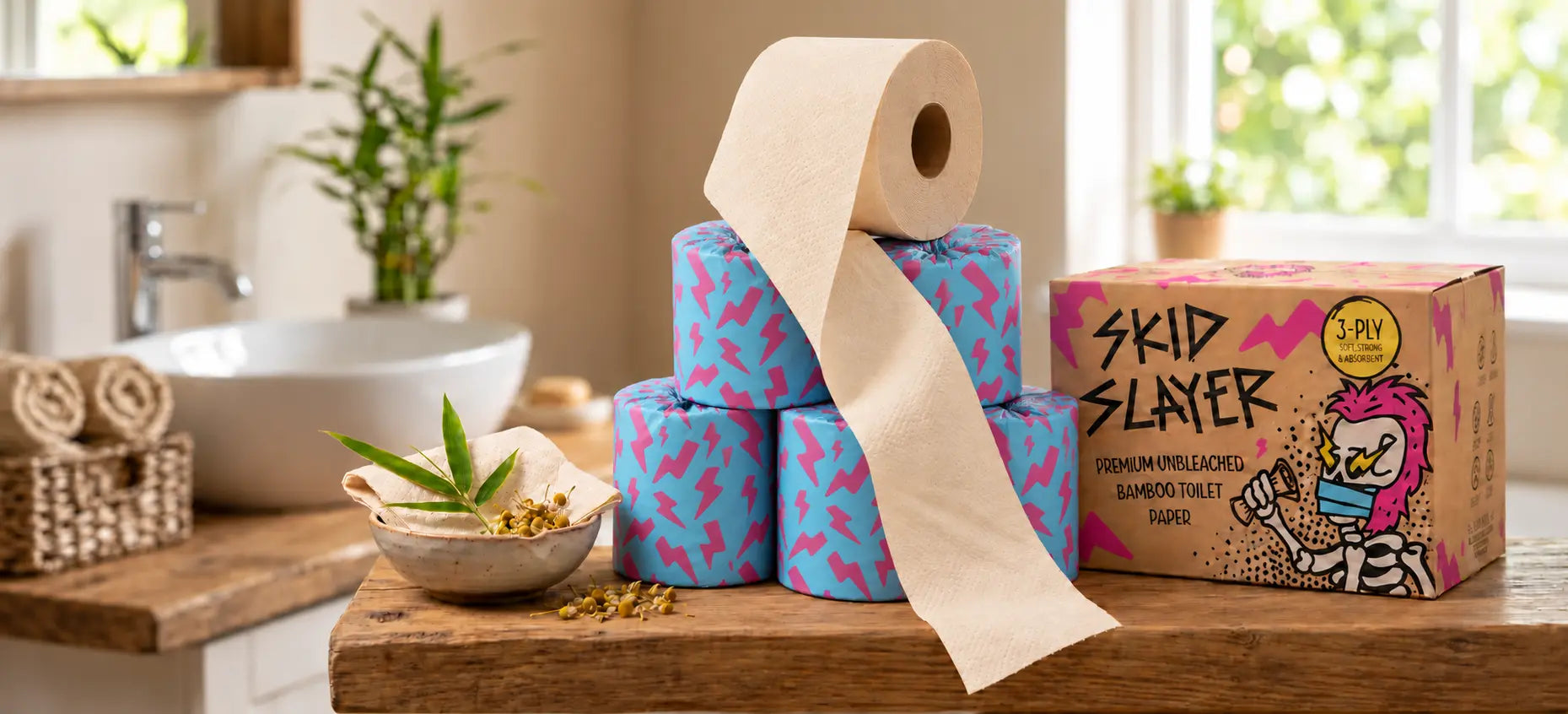 Skid Slayer bamboo toilet paper rolls in cyan and pink wrappers, with an unwrapped roll and branded box on a wooden bathroom counter.
