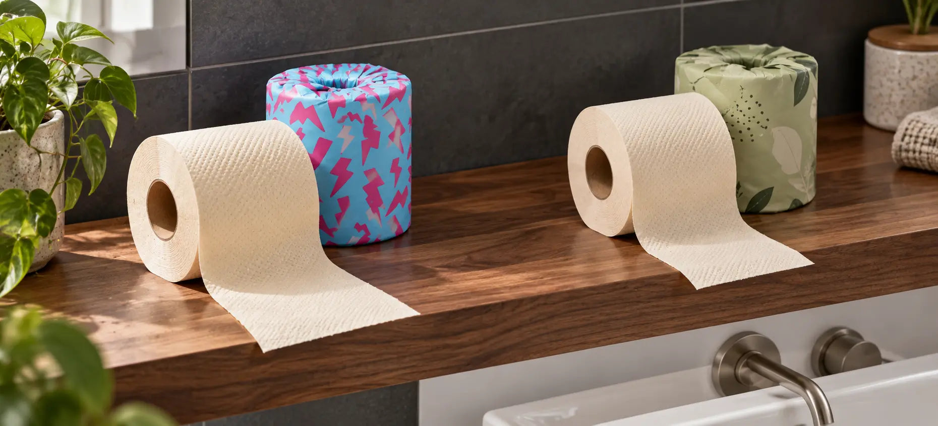 Two cream toilet paper rolls with unrolled sheets beside cyan-pink and sage-green wrappers on a wooden bathroom shelf.