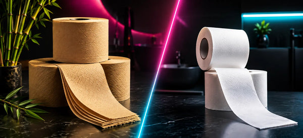 Side-by-side comparison of thick unbleached 3-ply bamboo toilet paper and thinner white 2-ply toilet paper in a modern bathroom setting