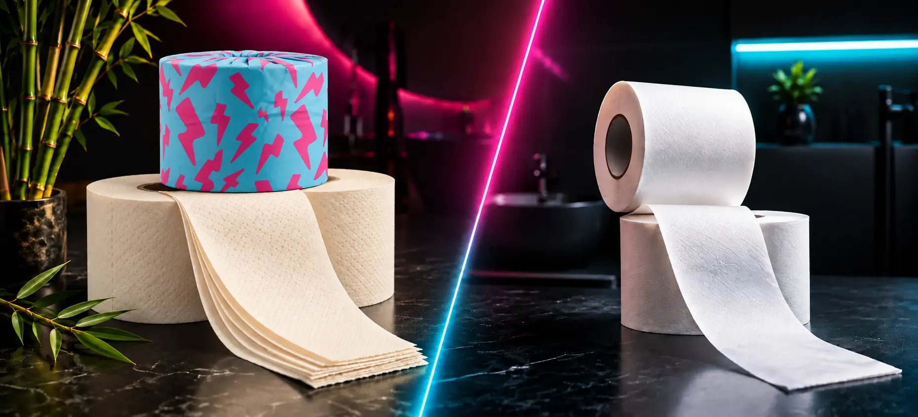 Cream toilet paper rolls with one cyan-and-pink wrapped roll beside white rolls, separated by pink and cyan lighting.