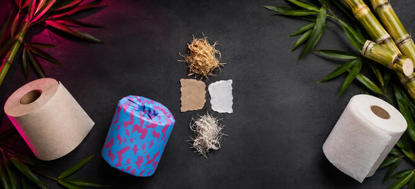 Unbleached bamboo toilet paper and sugarcane-based toilet paper shown with raw plant fibres, bamboo stalks, and Skid Slayer-style cyan and pink wrapping on a dark background.