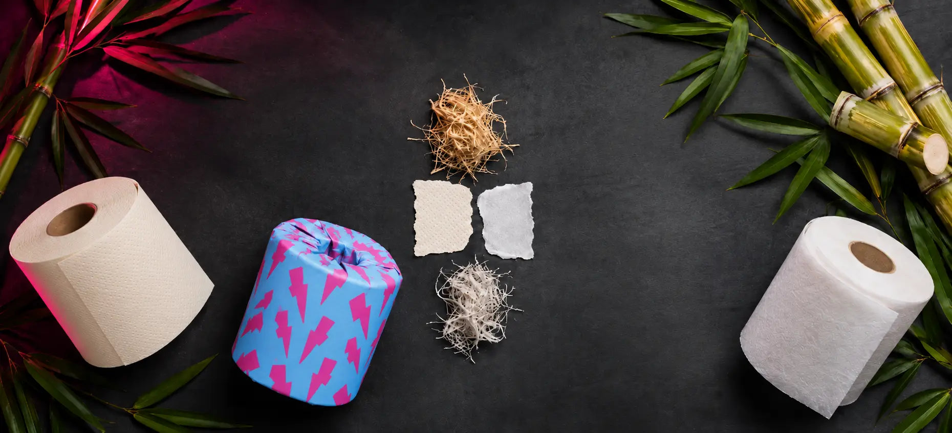 Unbleached bamboo toilet paper and sugarcane-based toilet paper shown with raw plant fibres, bamboo stalks, and Skid Slayer-style cyan and pink wrapping on a dark background.