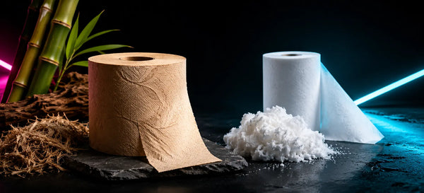 Unbleached brown bamboo toilet paper beside raw bamboo fibres contrasted with bright white toilet paper in a dark neon-lit setting.