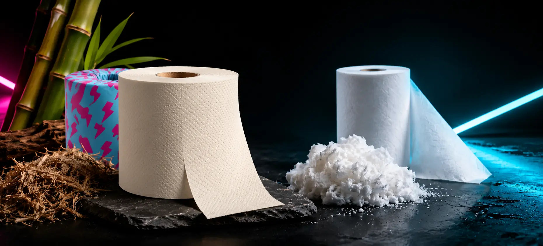 Cream toilet paper and a cyan-pink wrapped roll beside white toilet paper, with bamboo stalks and pulp samples under neon lighting.