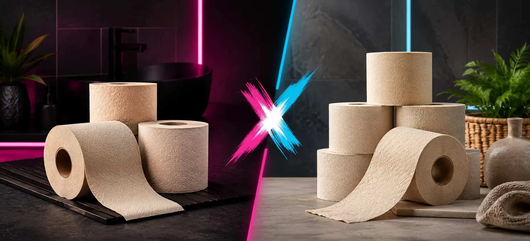 Side-by-side comparison of unbleached bamboo toilet paper rolls in two contrasting bathroom setups, representing a Skid Slayer versus PlantPaper head-to-head.