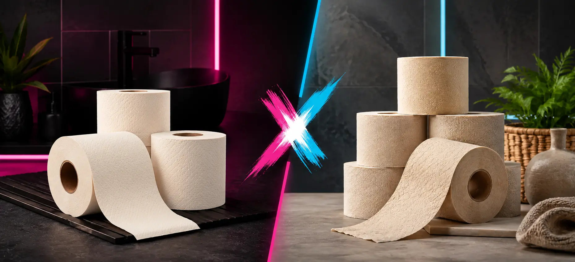 Side-by-side bamboo toilet paper rolls in contrasting bathroom settings with pink and cyan lighting.