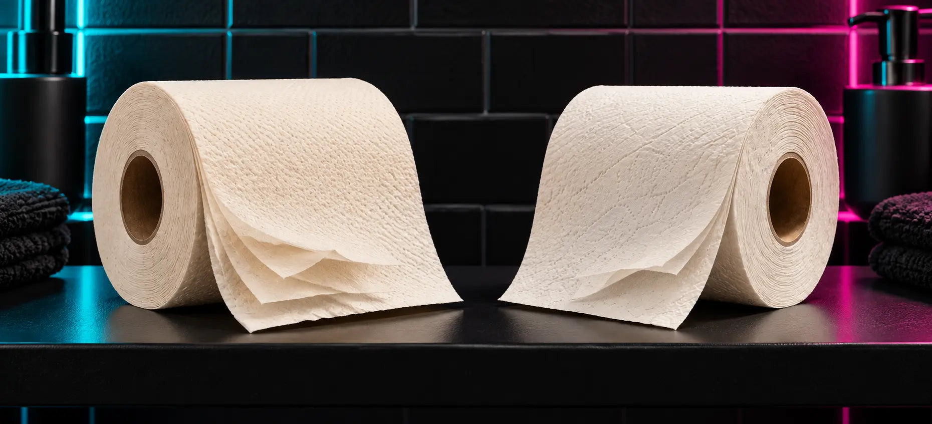 Two bamboo toilet paper rolls with separated tissue layers on a black bathroom counter with cyan and pink lighting.