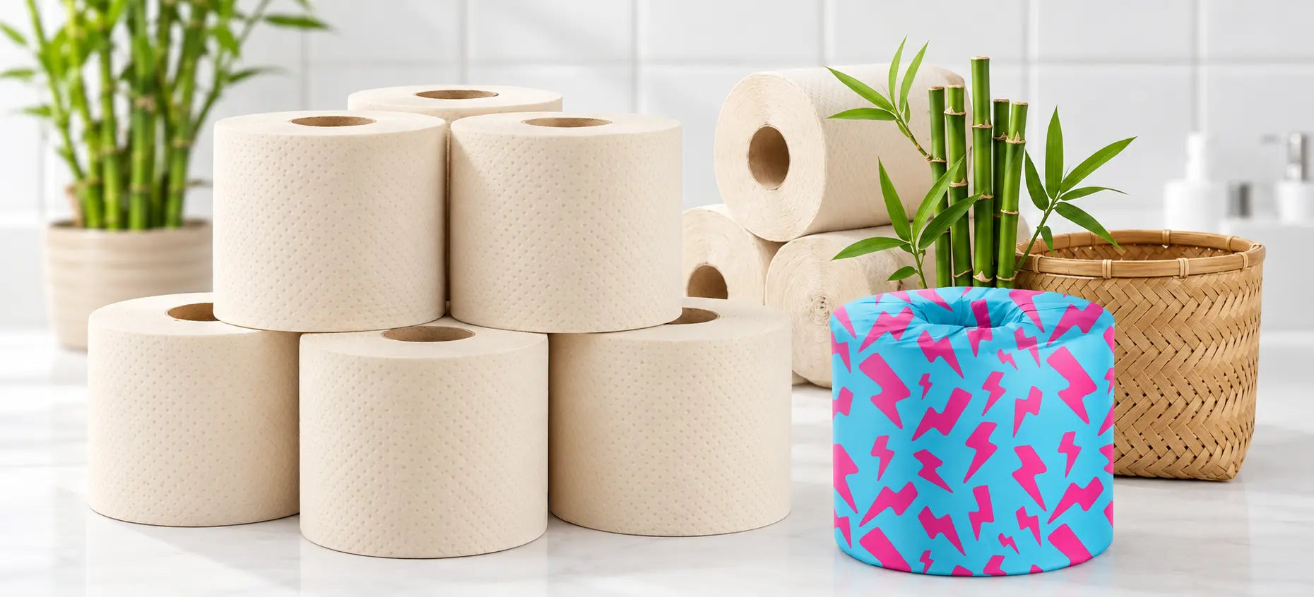 Stacked cream-colored Skid Slayer bamboo toilet paper rolls beside bamboo stems, a woven basket and cyan-and-pink packaging.