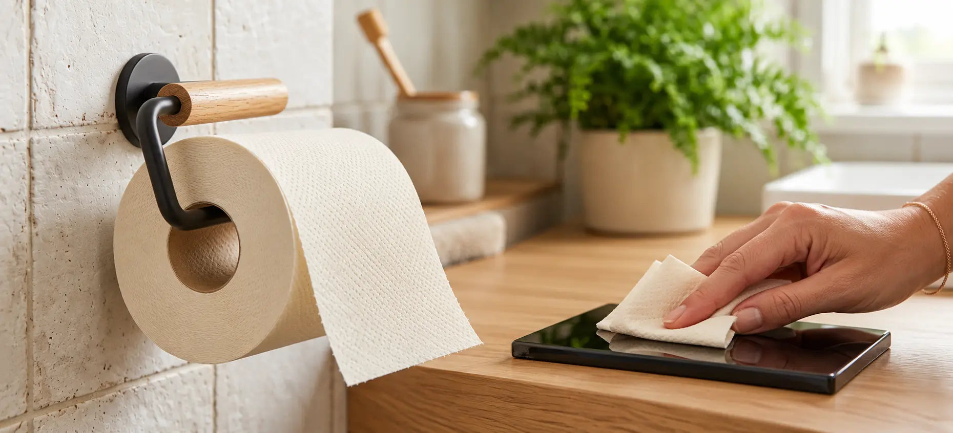 Hand rubbing folded Skid Slayer bamboo tissue on a black surface beside a cream-colored roll on a bathroom holder.