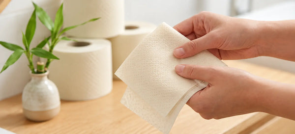 Hands gently holding folded cream-colored Skid Slayer bamboo tissue, with toilet paper rolls and bamboo leaves in the background.