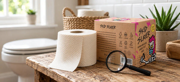 Cream-colored Skid Slayer toilet paper beside its kraft carton and a magnifying glass on a wooden bathroom counter.