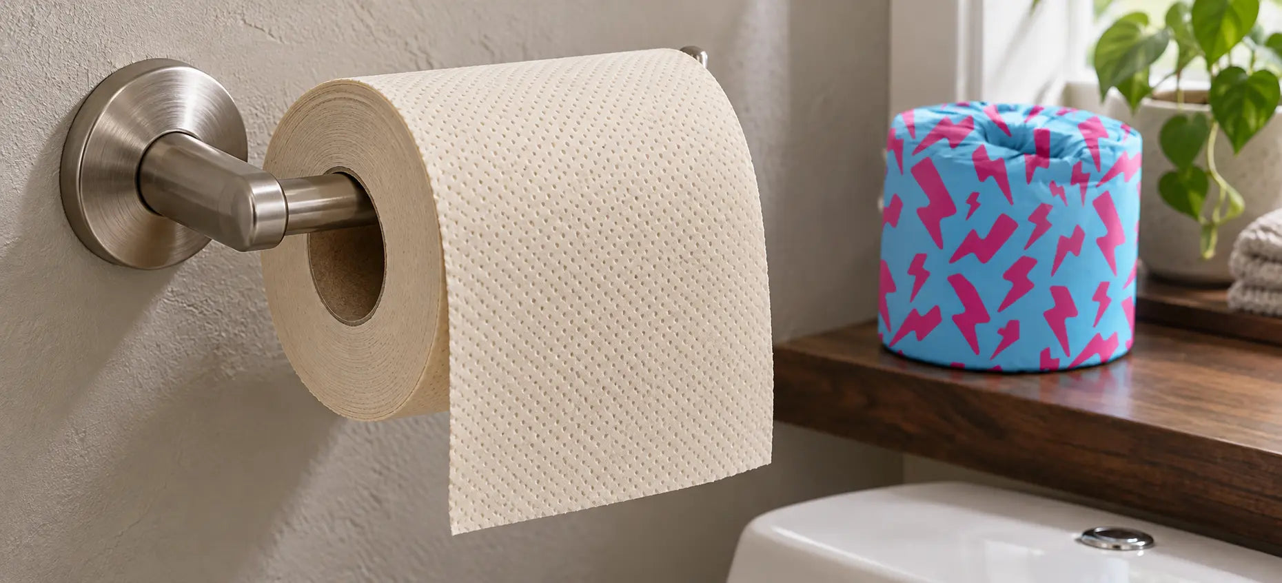 Skid Slayer bamboo toilet paper on a bathroom holder beside a roll wrapped in cyan and pink packaging.