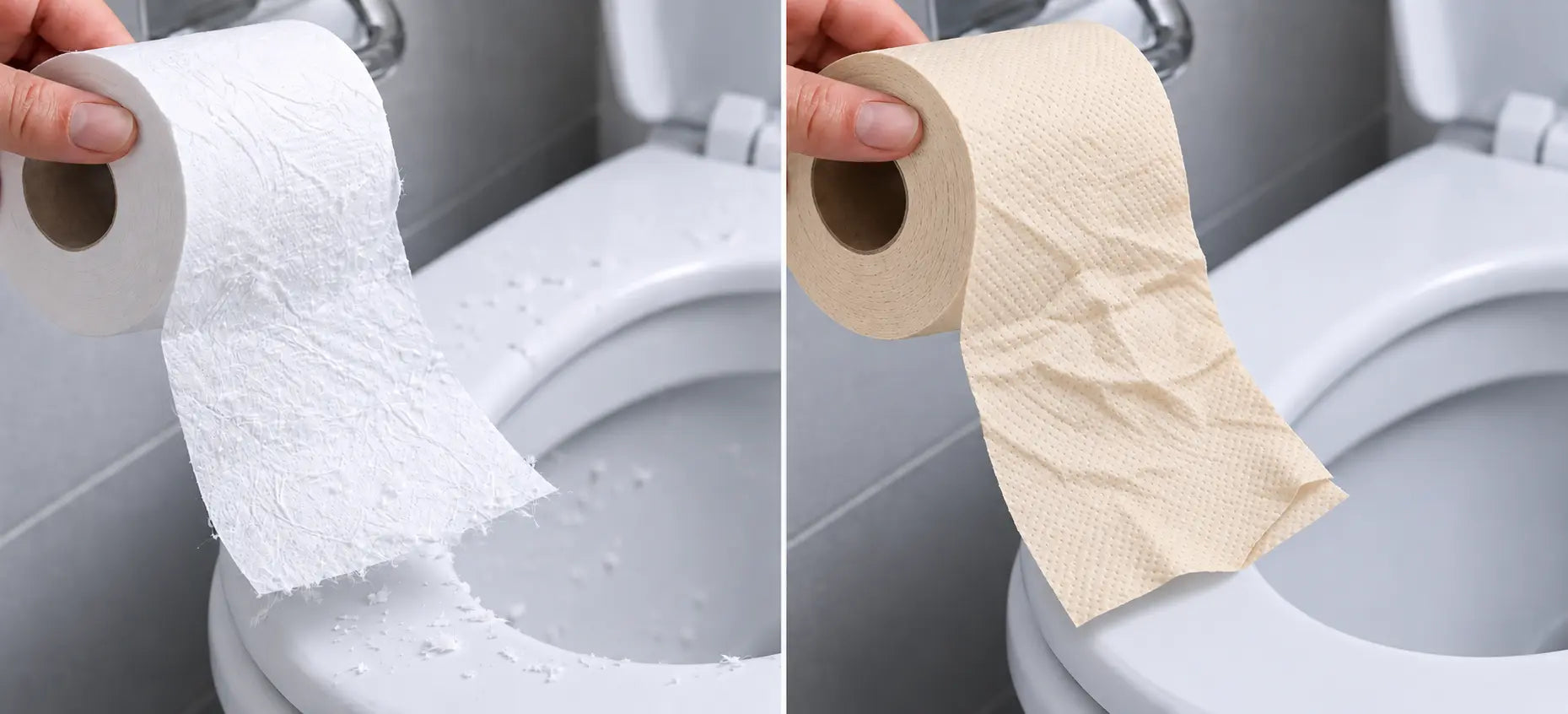 Side-by-side comparison of creased white tissue with lint on a toilet seat and beige Skid Slayer tissue with no visible lint.