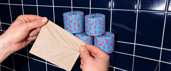 Hands holding a textured brown toilet paper sheet with cyan and pink wrapped rolls against dark blue bathroom tiles.