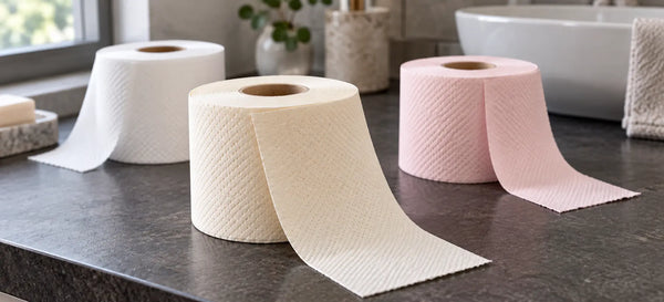 Cream, white and pastel pink toilet paper rolls with unrolled sheets on a dark bathroom counter.