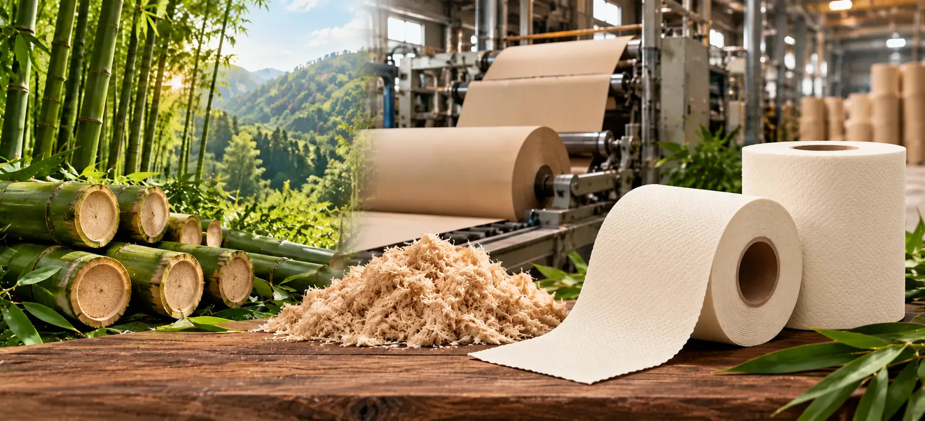 Cream bamboo toilet paper rolls beside cut bamboo and pulp, with a bamboo grove and paper mill machinery in the background.